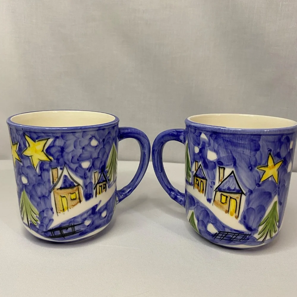 Portugal Folk Art Ceramic Mugs Coffee Tea Winter Christmas Glossy Painted